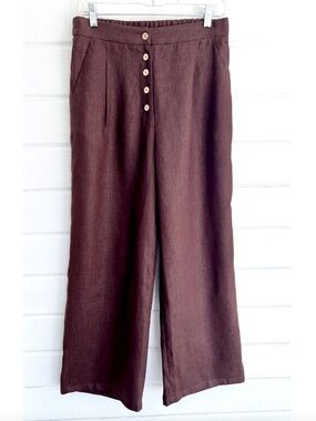LINTICO 100% Linen Pleated Button Fly Pants w/ Stretch Waist in Brown - NWT! - L